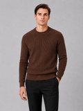 Men wearing brown crew neck sweater slim fit thick long sleeve fall winter business casual style