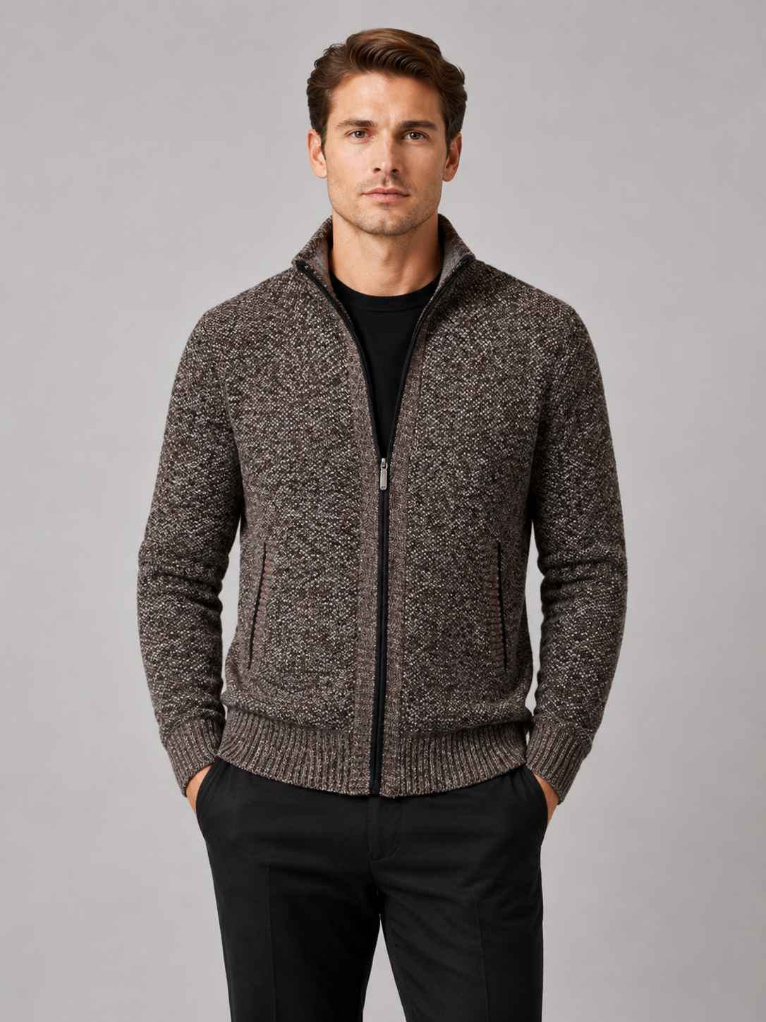 Men wearing brown fleece cardigan sweater full zip warm fall winter casual style