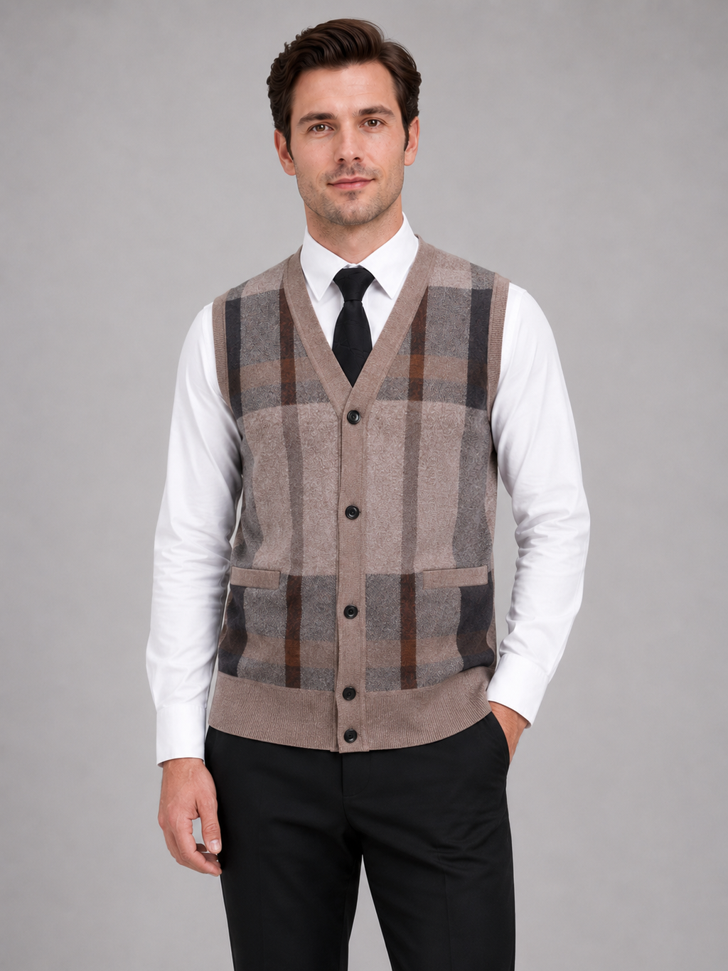 Men wearing brown fleece sweater vest v neck button front knit fall winter business casual style
