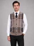 Men wearing brown fleece sweater vest v neck button front knit fall winter business casual style