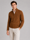 Men wearing brown half zip sweater long sleeve solid color knit pullover for fall everyday style