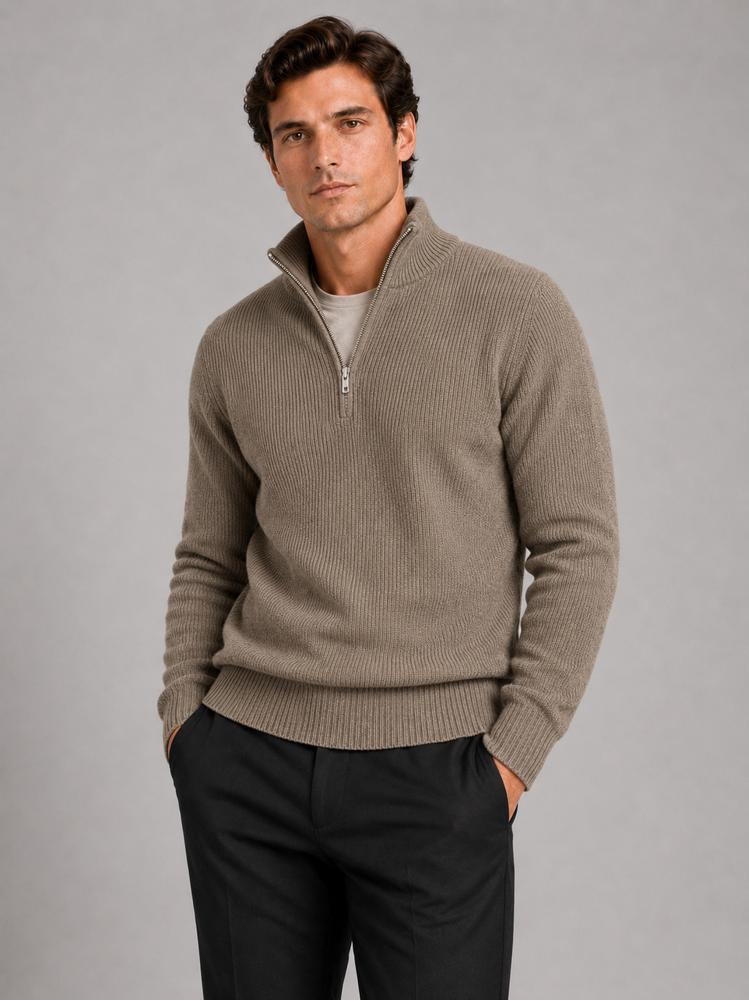 Men wearing brown half zip sweater thick knit pullover warm winter casual style