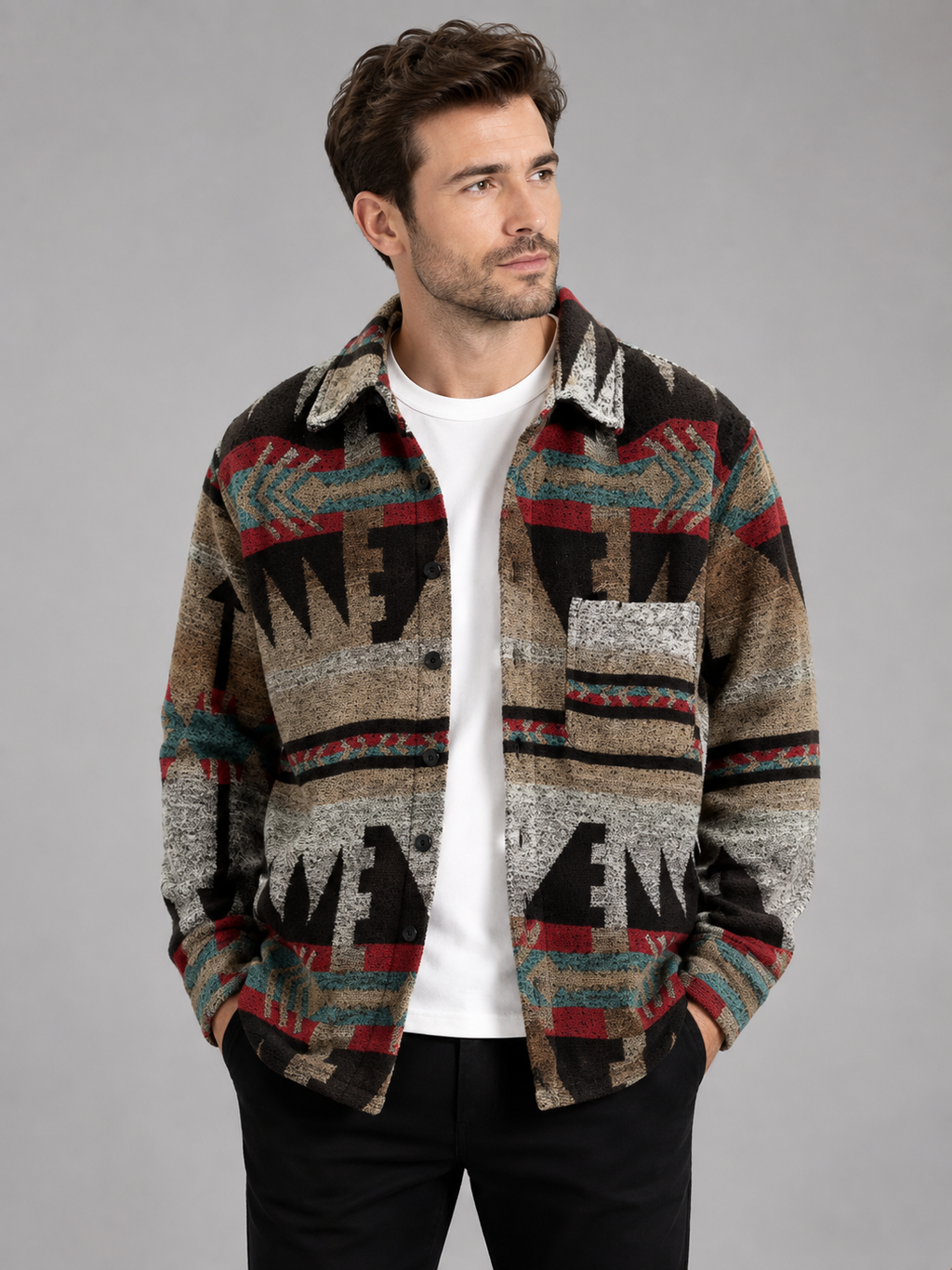 Front view of a man wearing a brown heavyweight flannel shirt jacket with a wool blend, ethnic print, button-up front, and relaxed shacket fit
