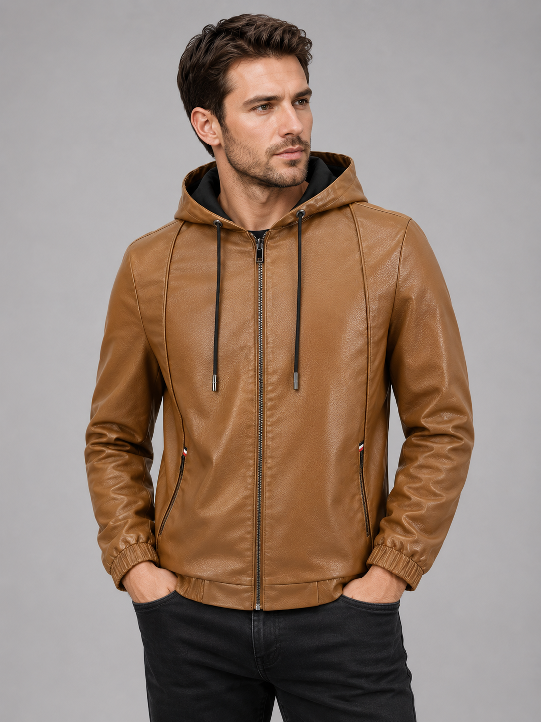 Front view of a man wearing a brown hooded leather jacket with a zip-up front, warm lining, and casual fall winter design