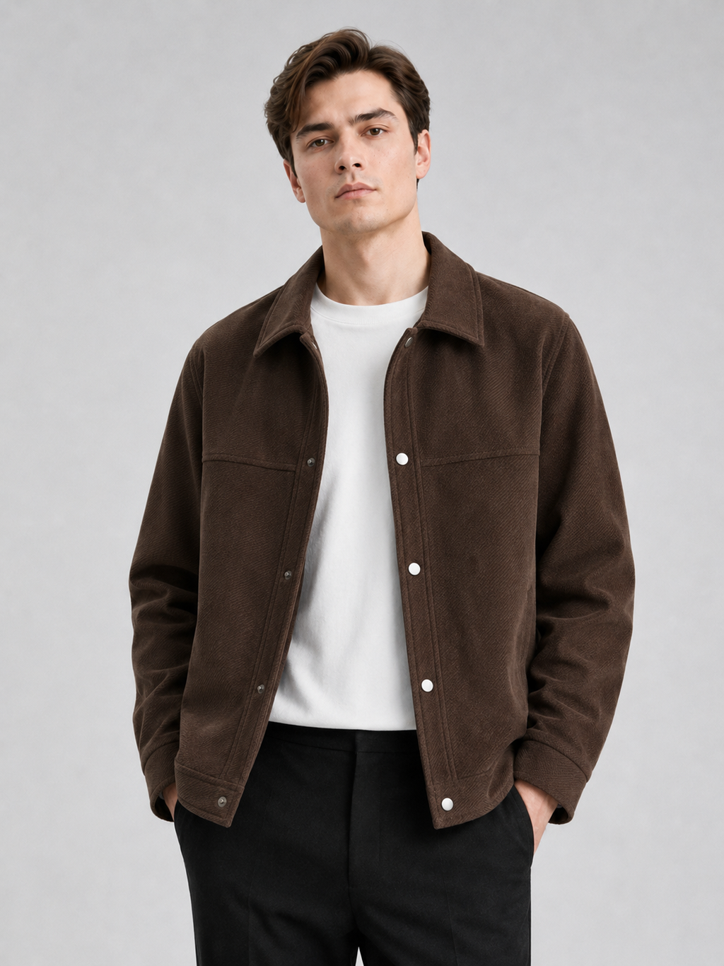 Men wearing brown corduroy jacket lapel loose fit fall casual streetwear style