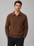 Front view of a man wearing a brown heavyweight knit Johnny collar sweater with long sleeves