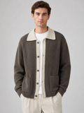 Men wearing brown knit cardigan sweater contrast collar button up fall winter business casual style