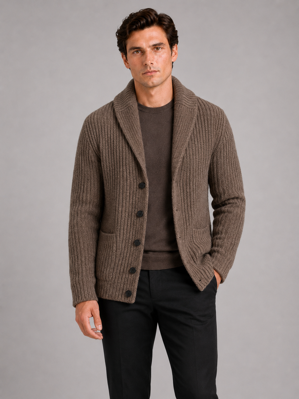 Men wearing brown knit cardigan sweater slim fit lapel button up warm fall winter style