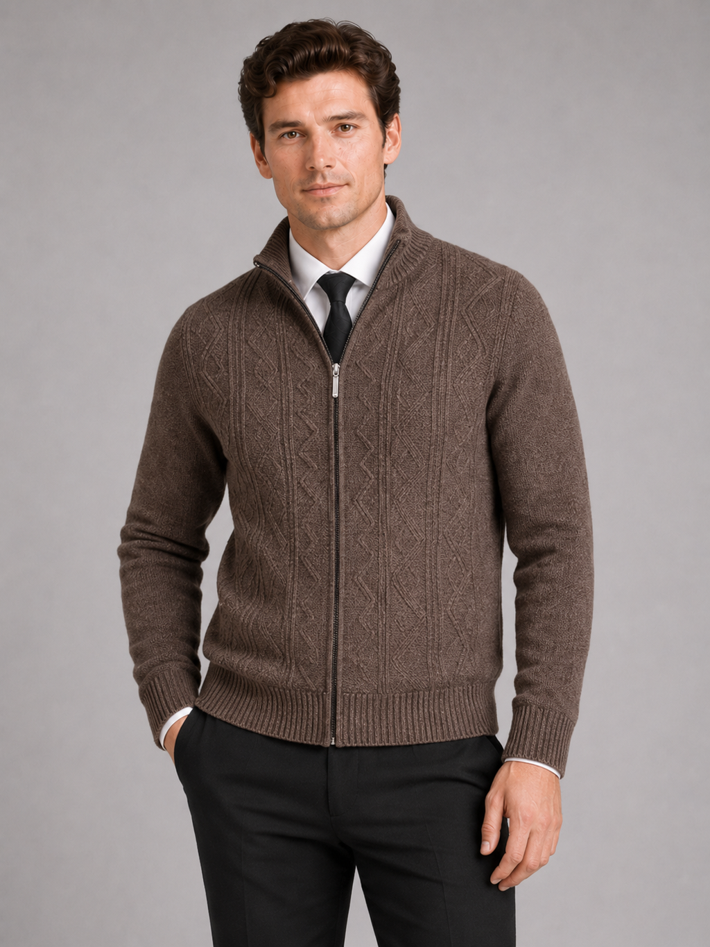 Men wearing brown knit stand collar full zip sweater thick warm fall winter casual style