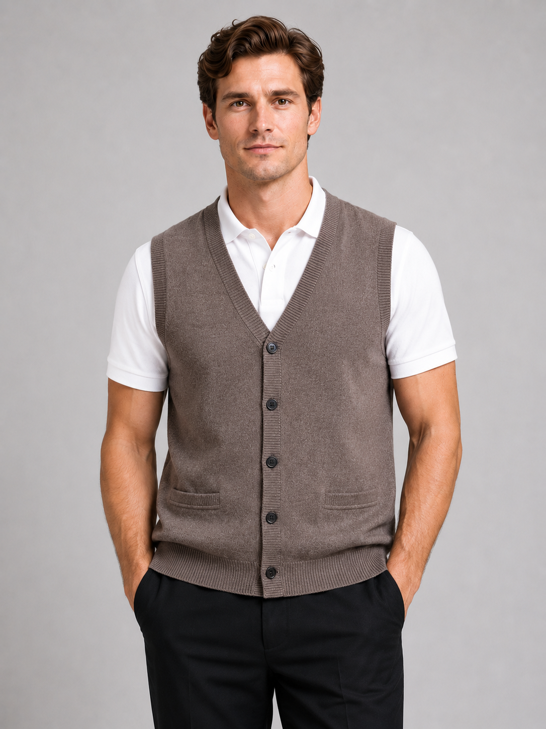 Men wearing brown knit sweater vest v neck button up fall winter business casual style
