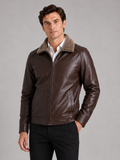Men wearing brown leather biker jacket fleece lined warm winter casual streetwear style