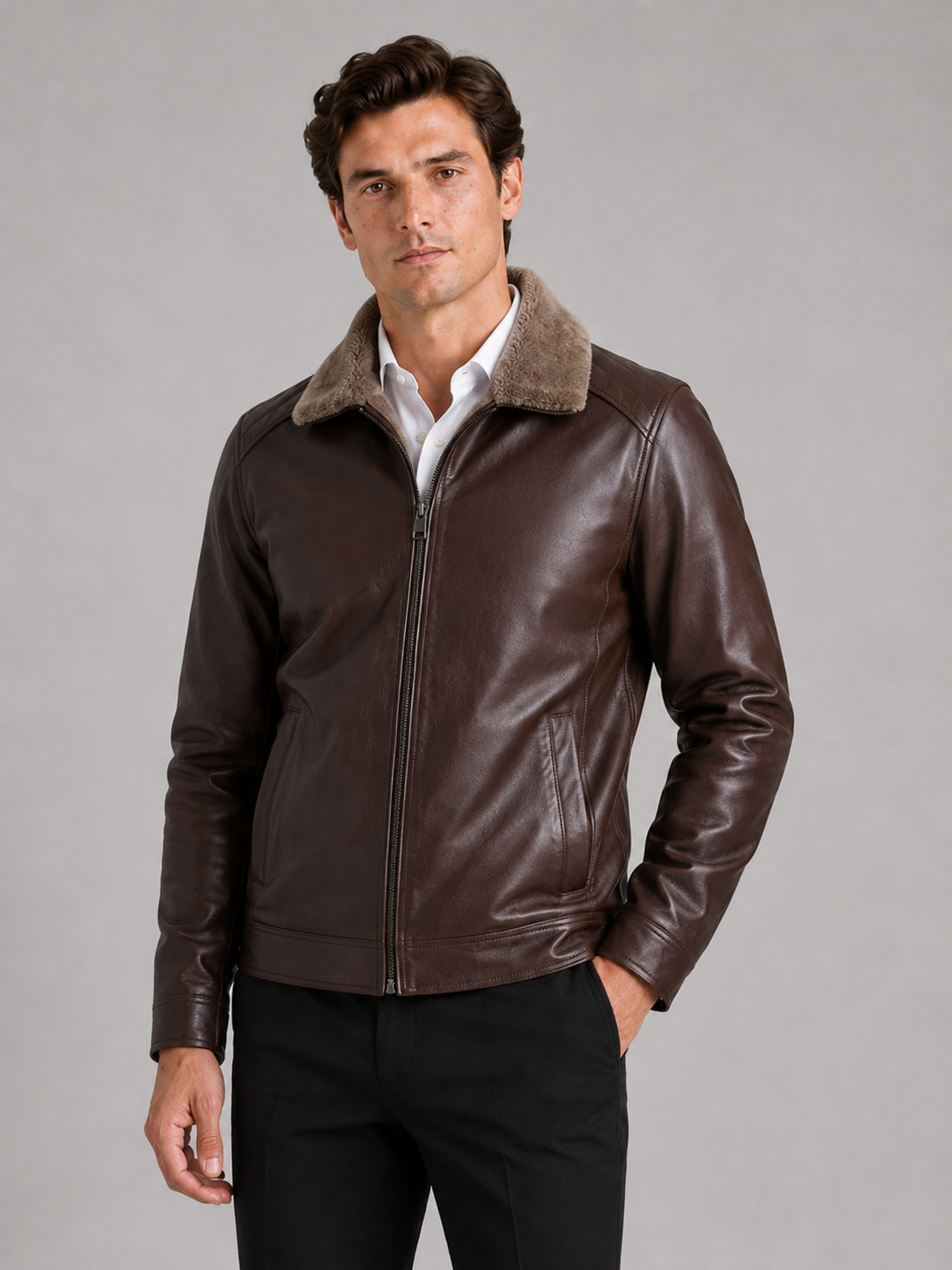 Men wearing brown leather biker jacket fleece lined warm winter casual streetwear style