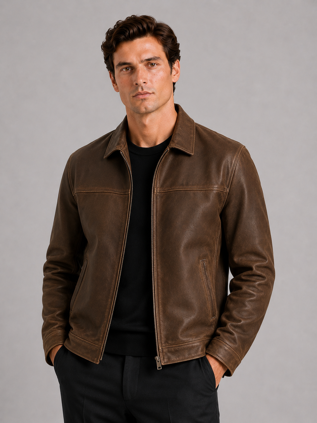 Men’s Leather Flight Jacket Zip-Up Loose Fit Spring Fall Jacket for Everyday and Streetwear