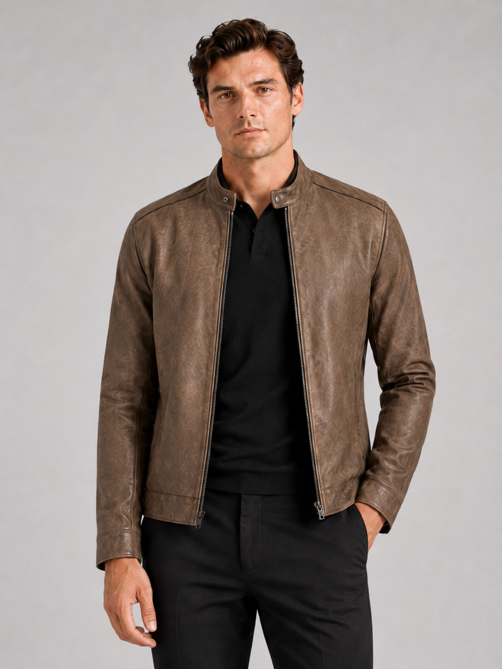 Men wearing brown leather moto jacket slim fit stand collar zip up fall casual style