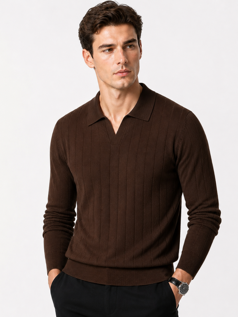 Men’s Long Sleeve Jacquard Knit Polo Shirt Solid Color Classic Spring Top for Business Casual Wear and Summer Vacation