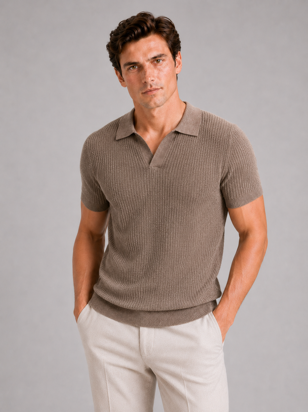 Men wearing brown knit polo shirt slim fit wrinkle resistant breathable summer business casual style