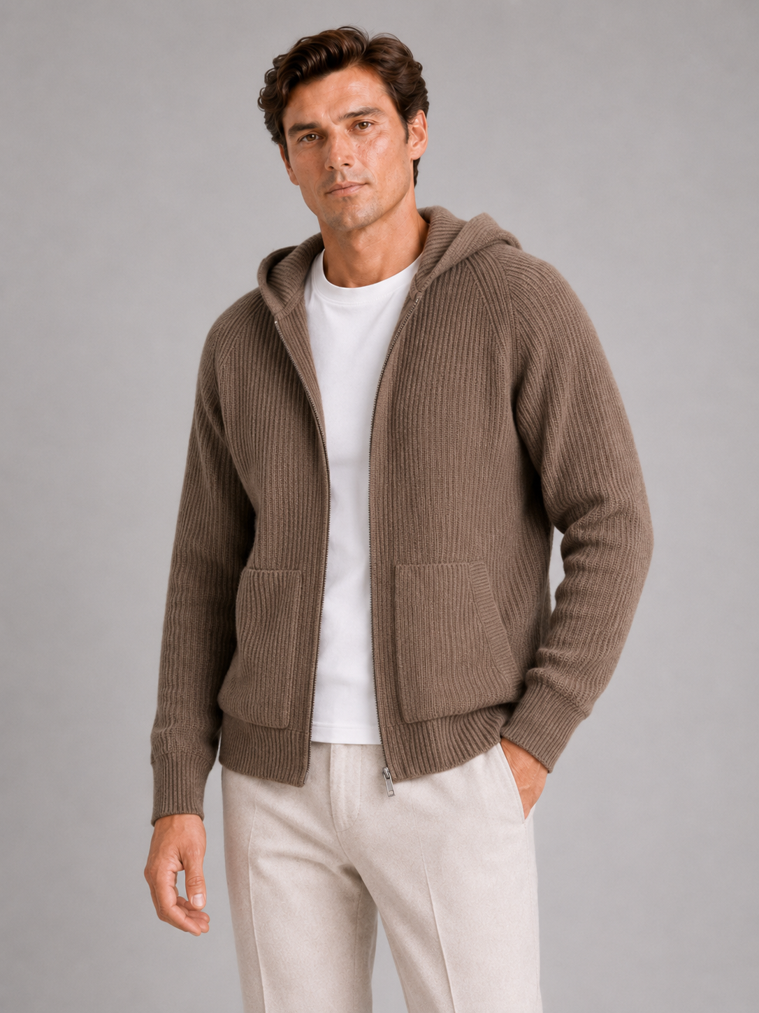 Men wearing brown merino wool zip hoodie cardigan thick knit fall winter casual style