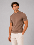 Men wearing brown mock neck ribbed t shirt fitted stretch short sleeve summer style