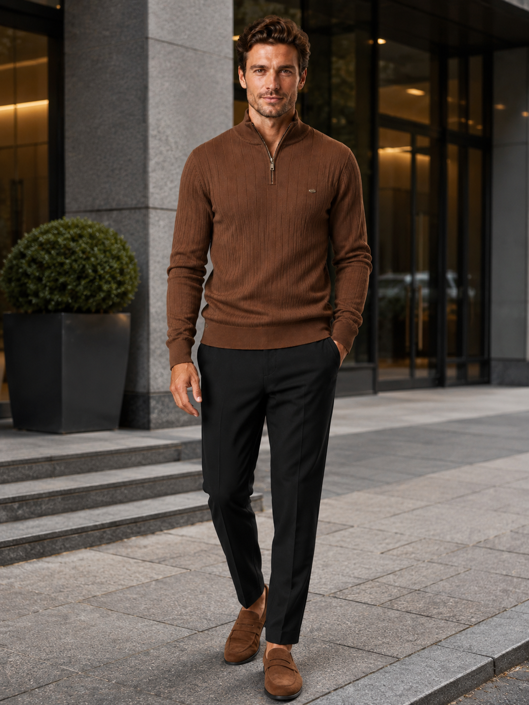 Man wearing a brown quarter zip cotton knit sweater in a business casual fall winter outfit for everyday wear