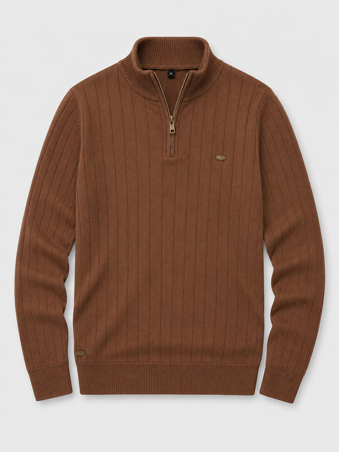 Brown men’s quarter zip cotton knit pullover sweater with a stand collar displayed on a plain background