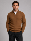 Front view of a man wearing a brown slim fit quarter zip sweater with a mock neck and long sleeves