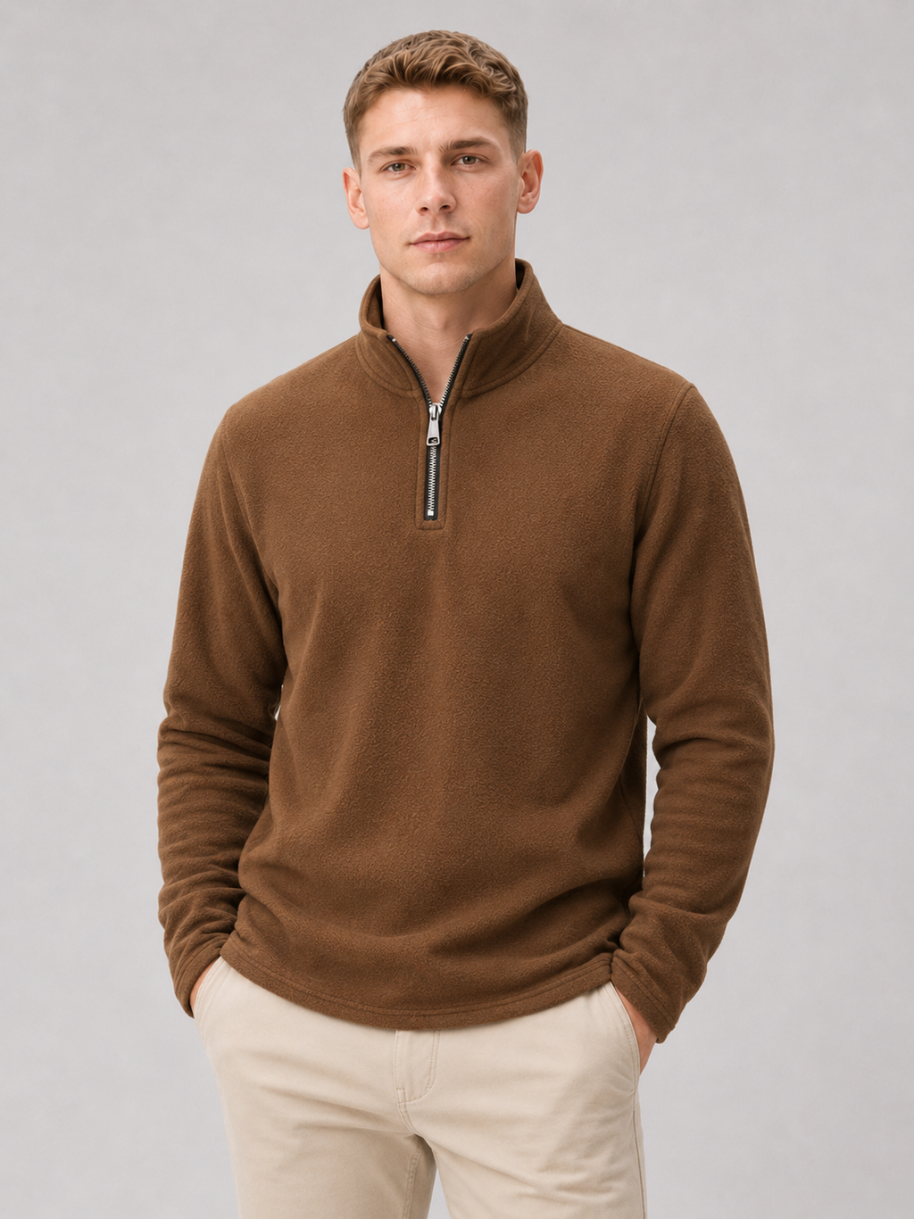 Men wearing brown quarter zip fleece pullover thick warm winter casual outdoor style
