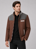 Men wearing brown quilted jacket lightweight button down casual fall travel style