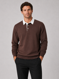 Men wearing brown rugby polo long sleeve loose fit knit fall business casual style