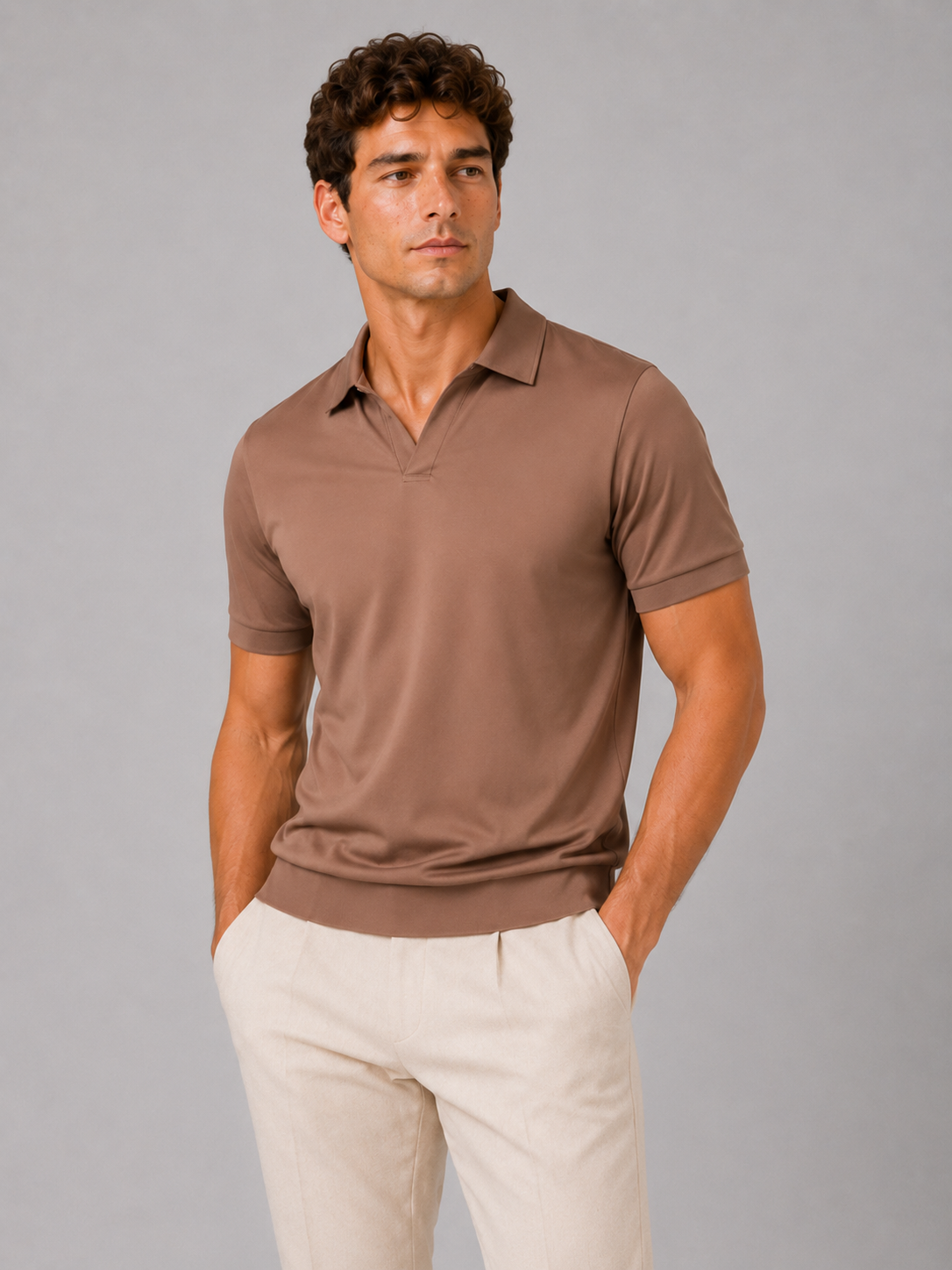 Men wearing brown silky touch polo shirt breathable soft summer business casual style