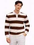 Men’s brown and white striped long sleeve rugby polo shirt with classic fit and soft cotton feel, worn by model