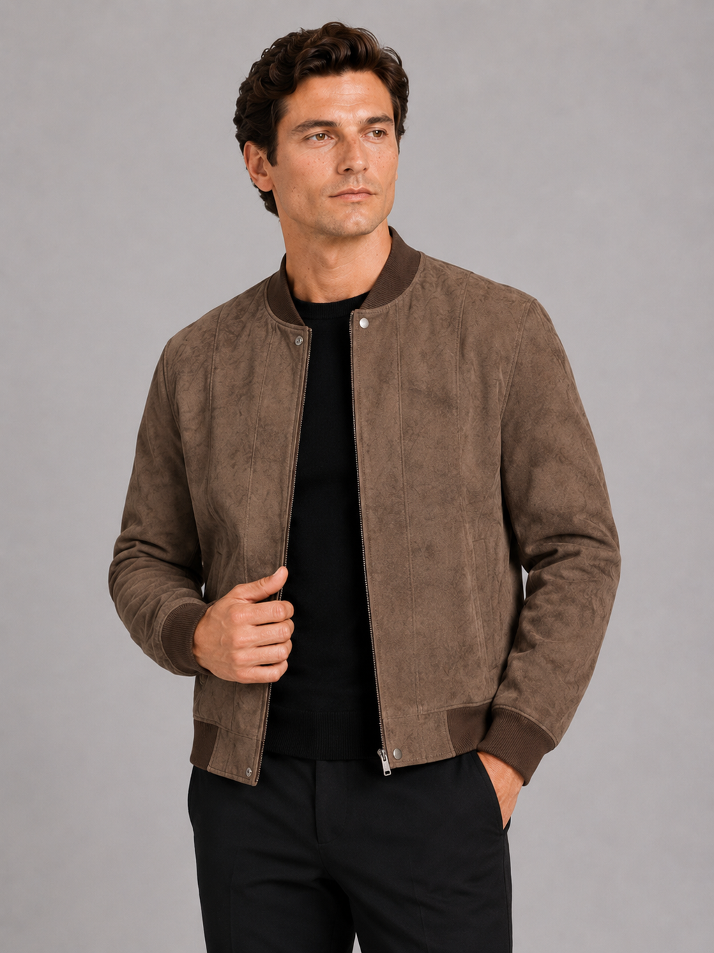Men wearing brown suede bomber jacket stand collar windproof moto jacket fall casual style