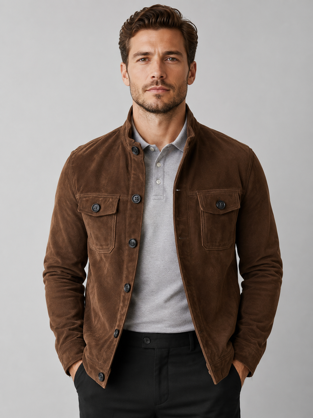 Men wearing brown suede chore jacket soft fabric casual fall streetwear style
