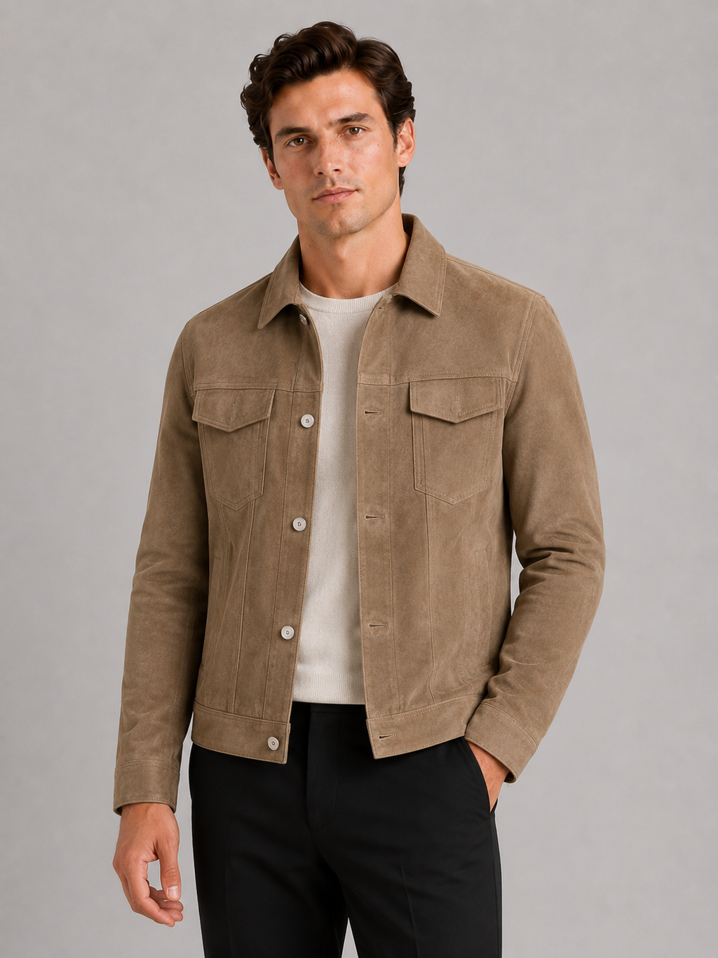Men wearing brown suede fall jacket slim fit turn down collar business casual style