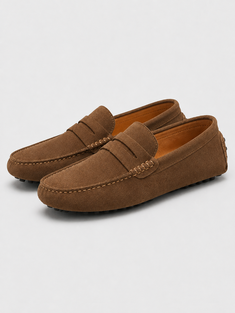 Brown suede penny loafers for men genuine leather moc toe design lightweight casual shoes
