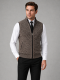 Men wearing brown full zip sweater vest stand collar slim fit knit fall winter business casual style