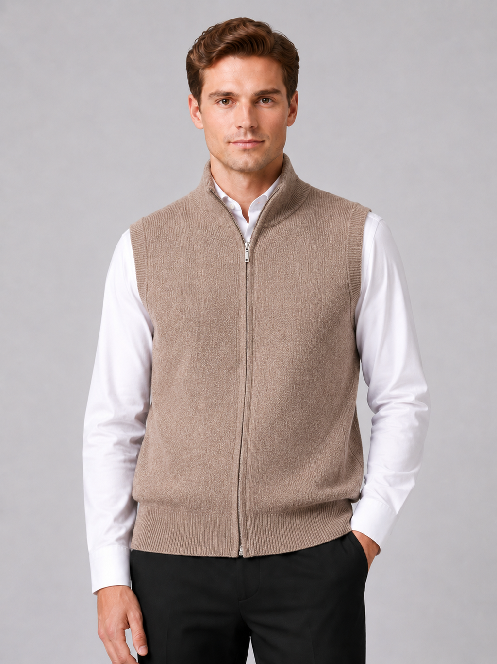 Men wearing brown full zip sweater vest mock neck knit fall winter business casual style