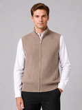 Men wearing brown full zip sweater vest mock neck knit fall winter business casual style