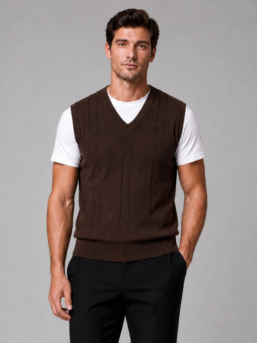 Men wearing brown v neck sweater vest solid color knit fall winter business casual style