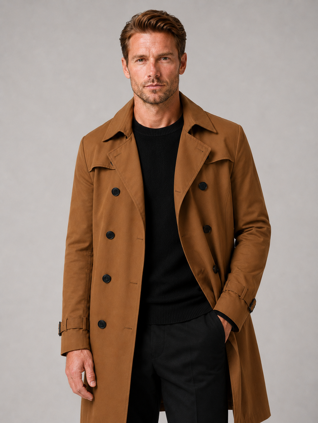 Men wearing brown double breasted trench coat knee length windproof fall casual style