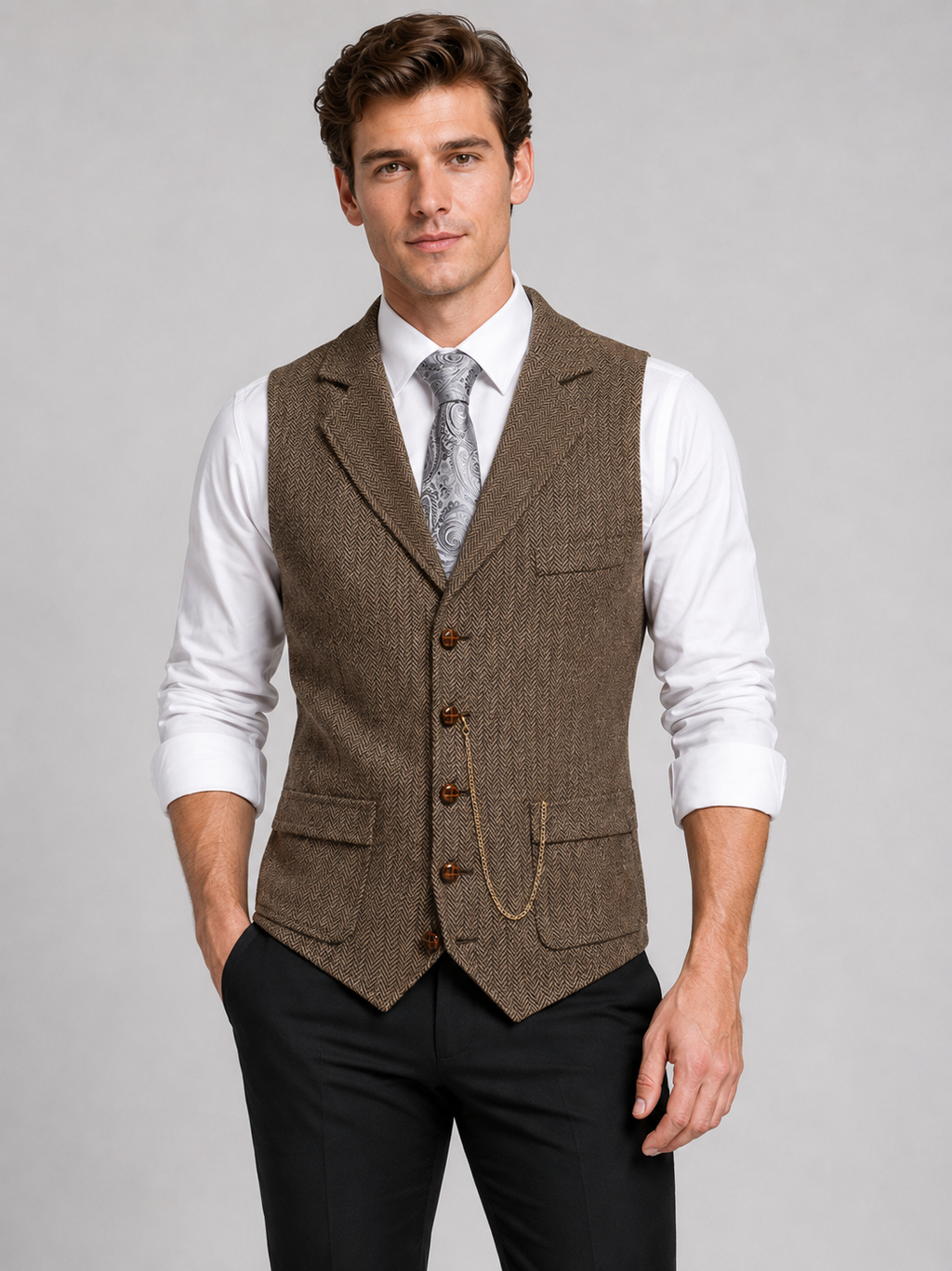 Men wearing brown tweed vest herringbone lapel chain suit vest fall winter business casual style