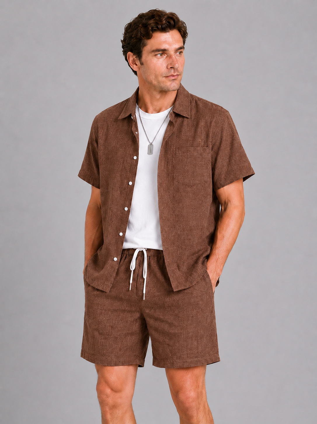 Men wearing brown two piece set short sleeve shirt and shorts breathable summer vacation style