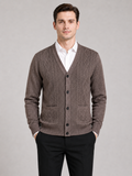 Men wearing brown v neck cardigan sweater button up knit fall winter business casual style