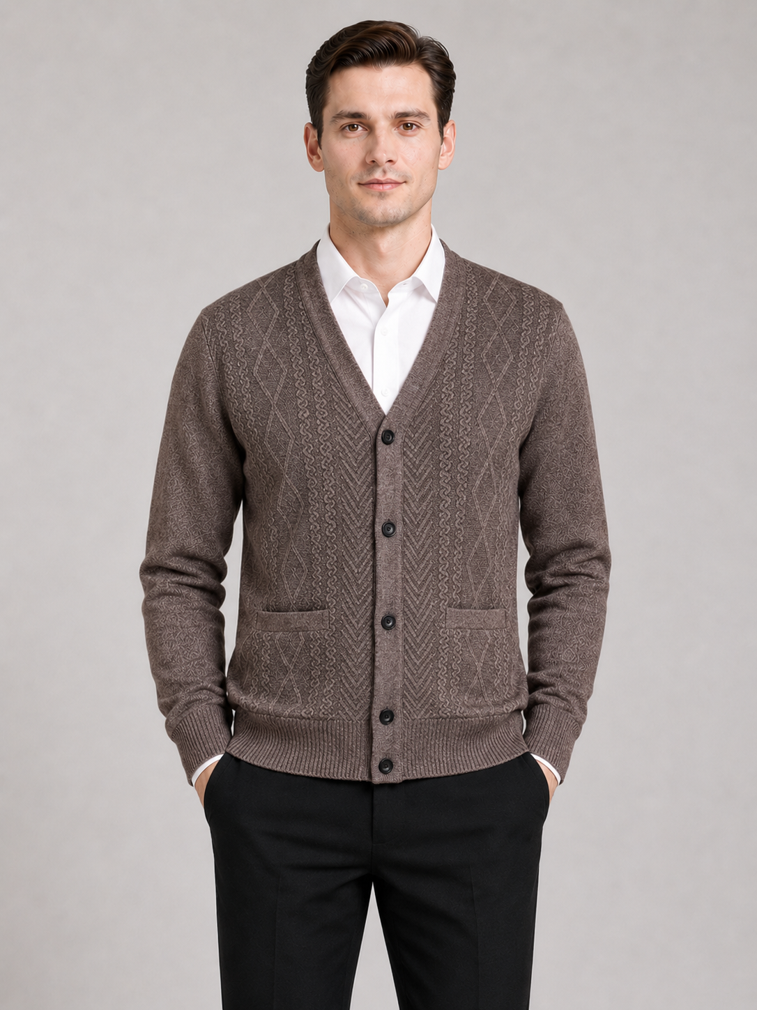 Men wearing brown v neck cardigan sweater button up knit fall winter business casual style