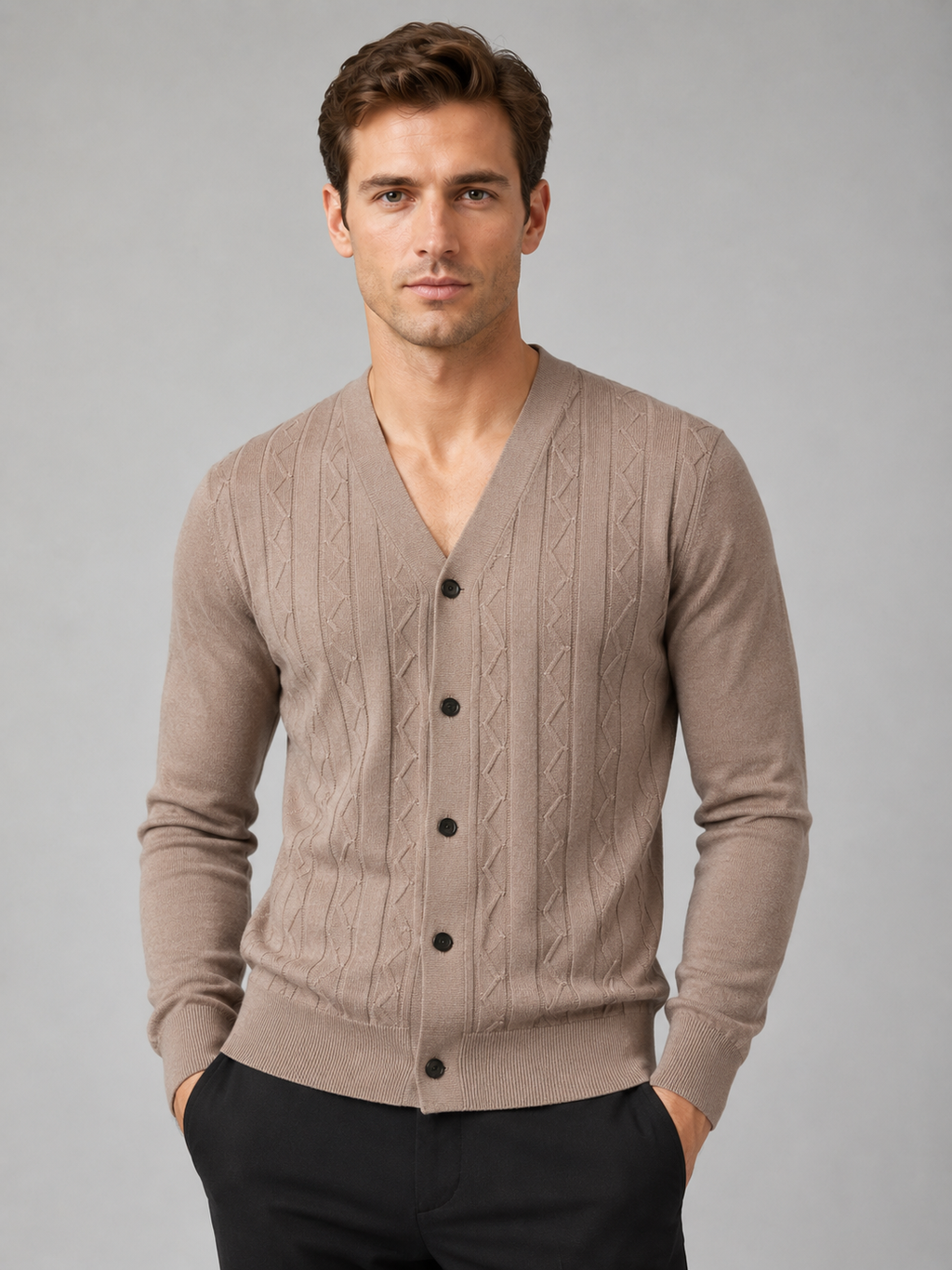 Men wearing brown v neck cardigan sweater slim fit knit long sleeve spring fall business casual style