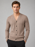 Men wearing brown v neck cardigan sweater slim fit knit long sleeve spring fall business casual style