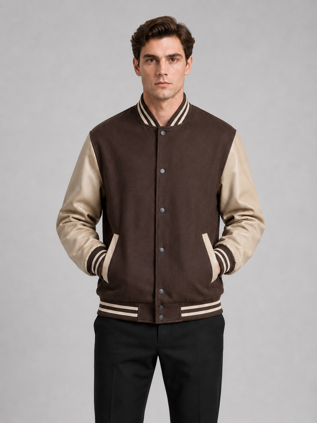 Men wearing brown varsity jacket with leather sleeves and wool blend bomber style for fall winter