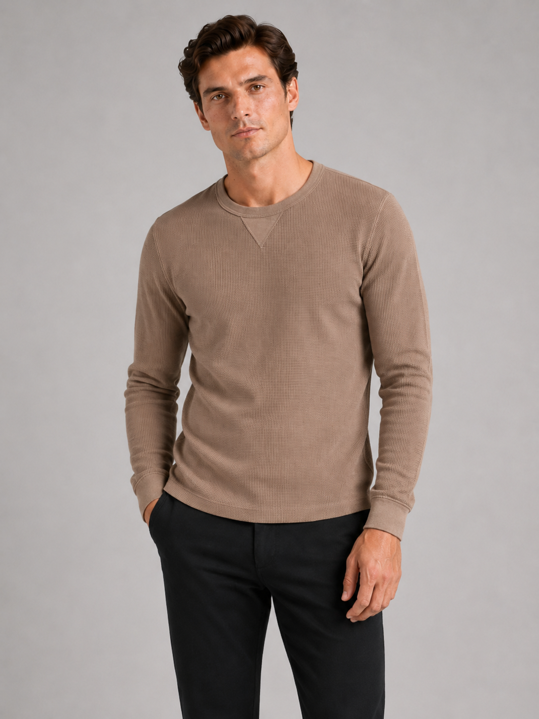 Men wearing brown waffle knit shirt long sleeve crewneck fall winter casual style