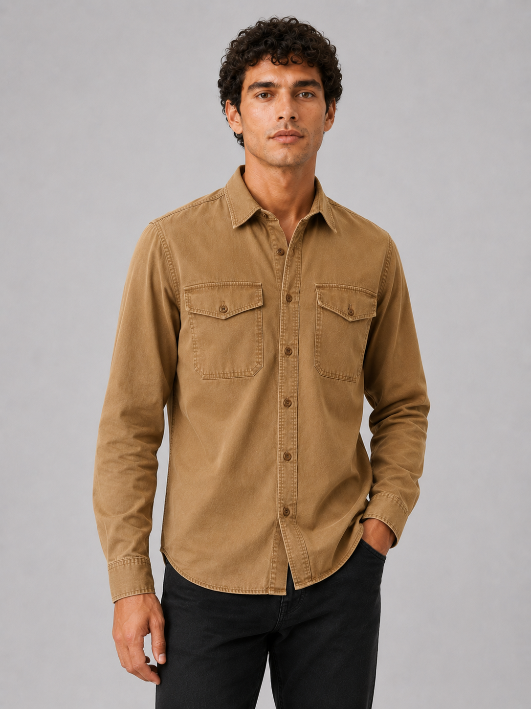Men wearing brown cotton washed work shirt long sleeve double pocket casual button up style