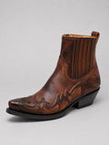 Angled view of brown men’s western cowboy boots with embroidered leather, pointed toe, ankle height, and durable outsole