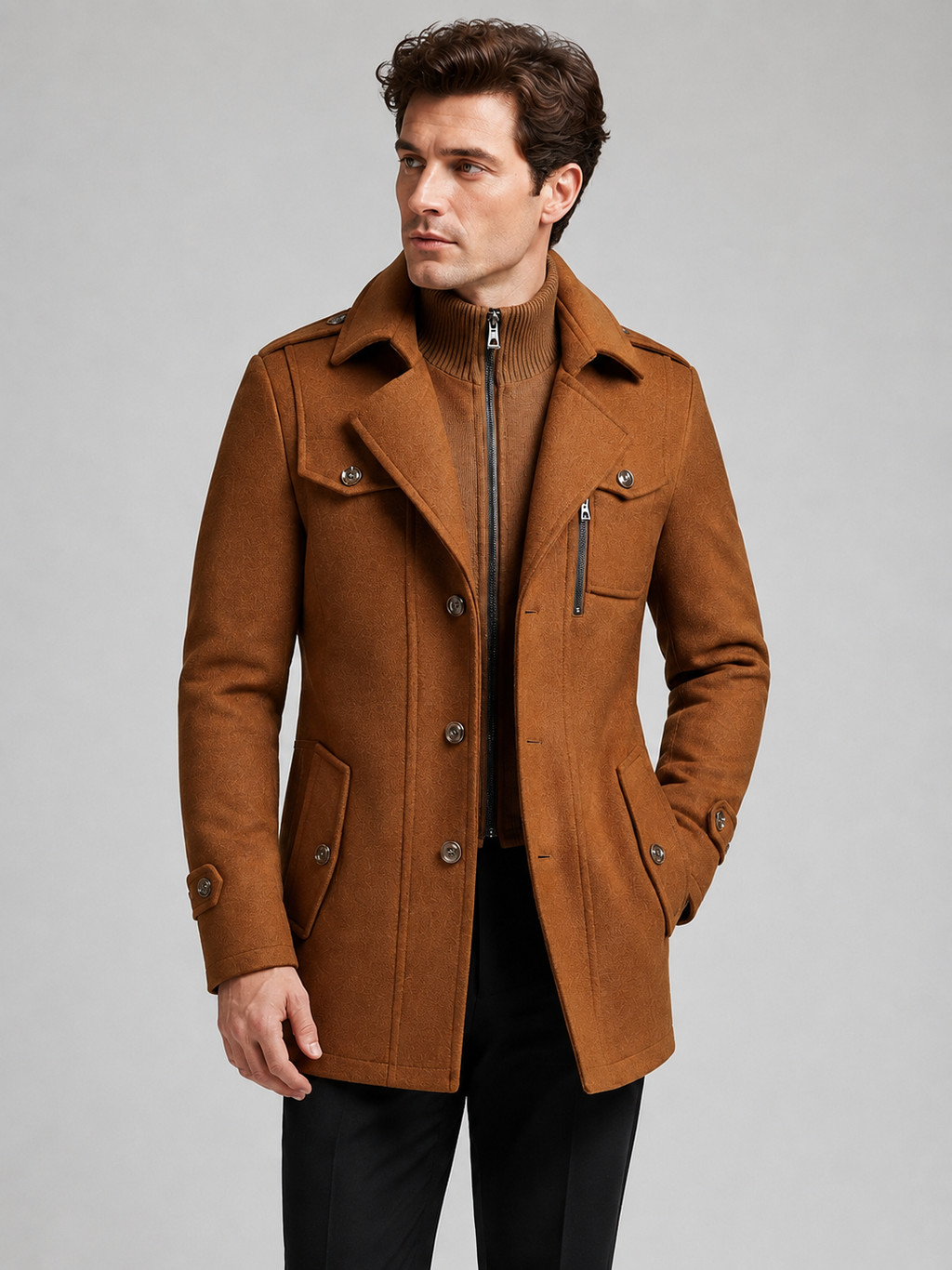 Front view of a man wearing a brown wool overcoat with a double collar, long sleeves, and warm business casual design